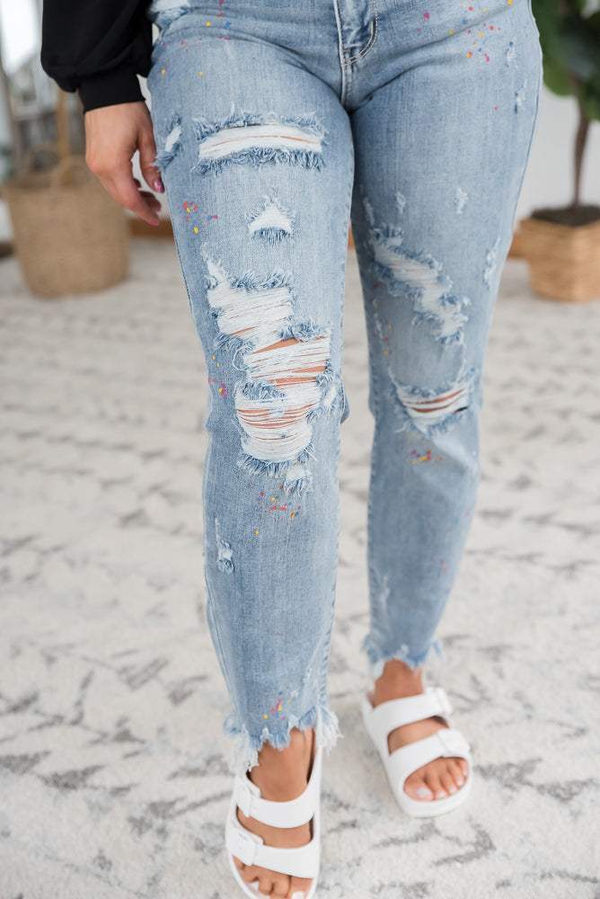 Rainbow Skies Paint Splatter Judy Blue Boyfriend Jeans