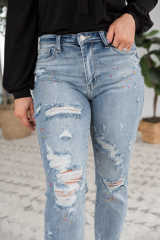 Rainbow Skies Paint Splatter Judy Blue Boyfriend Jeans