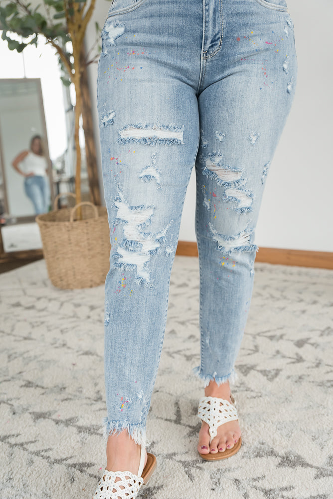 Rainbow Skies Paint Splatter Judy Blue Boyfriend Jeans